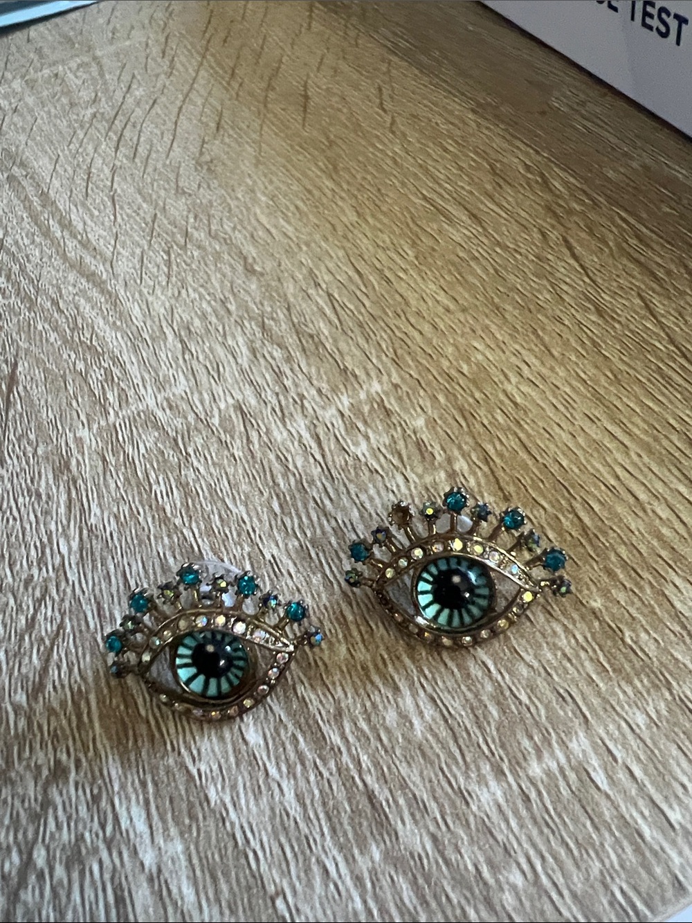 Gold-Tone Teal Eye Stud Earrings with Crystal Accents